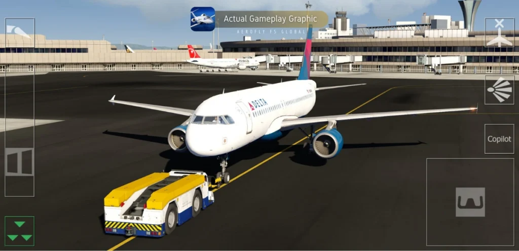 A mobile game screenshot from "Aerofly FS 2 Flight Simulator." A white Delta Airlines Airbus A321 with blue and red stripes is being pushed back from an airport gate by a yellow and white pushback tug. The plane is viewed from a slightly elevated, three-quarter front perspective. In the background, to the left, is a modern airport terminal building with large windows. To the right, another aircraft, primarily white with the word "TURBO" on its tail, is parked at a gate. The sky is blue with a few scattered clouds. The game's user interface is prominent. A banner at the top center of the screen reads "Actual Gameplay Graphic" and "Aerofly FS Global." On the right side of the screen is a rectangular button labeled "Copilot." Other UI elements are visible on the left and right edges, including a small "X" at the top right, a speaker icon, and various icons representing different controls. The ground is dark gray tarmac with clearly marked yellow lines.