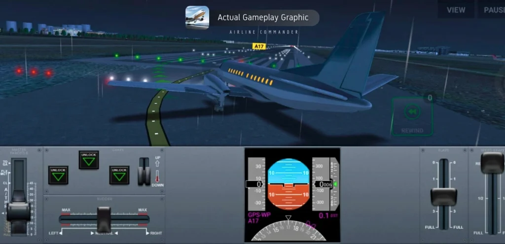 A mobile game screenshot from "Airline Commander."  An A17 aircraft, viewed from a rear angle, is parked on a brightly illuminated runway at night. The plane is dark gray with yellow and white accents.  In the background, a cityscape with various buildings and lights is visible. The sky is dark with a few faint clouds. The game's user interface is prominent. A banner at the top reads "Actual Gameplay Graphic" and "Airline Commander."  On the right side of the screen is a "VIEW" button and a "PAUSE" button.  Below the plane image are several gauges and readouts.  A circular gauge with a needle pointing to 10 displays speed.  To its right is a rectangular gauge showing altitude.  Below these gauges is the text "A17 GPS-WP 0.1 LEFT."  On the left side of the screen are several control levers, including throttles labeled "FULL," and buttons labeled "UNLOCK" (some are highlighted green).  Small icons are visible at the bottom of the screen.