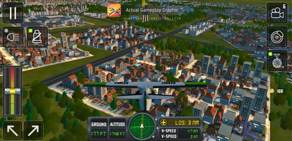 A mobile game screenshot from "Airplane Flight Simulator". A small, twin-engine aircraft with "OVILEX" written on its side is flying low over a large, densely populated city with varied architecture. The perspective is from directly above and behind the plane. The game's user interface is prominent. A banner at the top reads "Actual Gameplay Graphic" and "Airplane Flight Simulator" (the latter partially cut off).  At the bottom left are readings for "GROUND 177 FT" and "ALTITUDE 1748 FT," along with a green radar display.  At the bottom right are "LOS: 3 NM," "H-SPEED 117 KN," and "V-SPEED 3 KN." The number "100" is also in the bottom right corner.  Various icons for flight controls and settings are visible along the left and right edges of the screen.