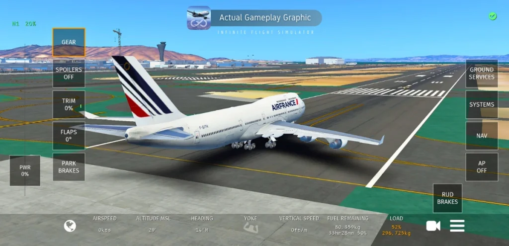 A mobile game screenshot from "Infinite Flight Simulator." An Air France Airbus A319, predominantly white with blue and red accents, is parked on a gray runway. The plane is angled slightly, with its nose to the left. In the background, there's a gray airport building, a control tower, and a clear blue sky with a few faint clouds. The game's user interface is prominent. A banner at the top reads "Actual Gameplay Graphic" and "Infinite Flight Simulator." On the left side of the screen are several vertical sliders with labels: "GEAR UP 20%," "SPOILERS OFF," "TRIM 0%," "FLAPS 0°," "PWR 0%," and "PARK BRAKES." At the bottom of the screen are readings for "AIRSPEED," "ALTITUDE MSL 29 ft," "HEADING," "YOKE," "VERTICAL SPEED 0 ft/m," "FUEL REMAINING 80,550 kg," and "LOAD 52%." On the right side of the screen are several rectangular buttons: "GROUND SERVICES," "SYSTEMS," "NAV," "AP OFF," and "RUD BRAKES." A small camera icon is visible at the bottom right.