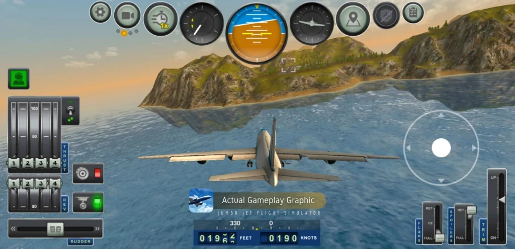 A mobile game screenshot from "Jumbo Jet Flight Simulator." A large commercial jet, viewed from a rear perspective, is flying over a blue body of water.  Green hills and land are visible in the background. The sky is blue with some scattered clouds. The game's user interface is prominent.  At the top of the screen is a banner with various icons, including a settings gear, a pause button, a camera icon, a map pin, and others.  A central, round instrument panel with various gauges is also at the top.  At the bottom of the screen is a smaller banner that reads "Actual Gameplay Graphic JUMBO JET FLIGHT SIMULATOR."  Below this banner are readings for "330 FEET" (altitude) and "0190 KNOTS" (speed).  To the left of the screen are vertical sliders labeled "RUDDER" and other controls.  To the right of the screen are vertical sliders labeled "UP" and "DN," along with other buttons such as "RET," "FLAPS," "POWER," and "ON."