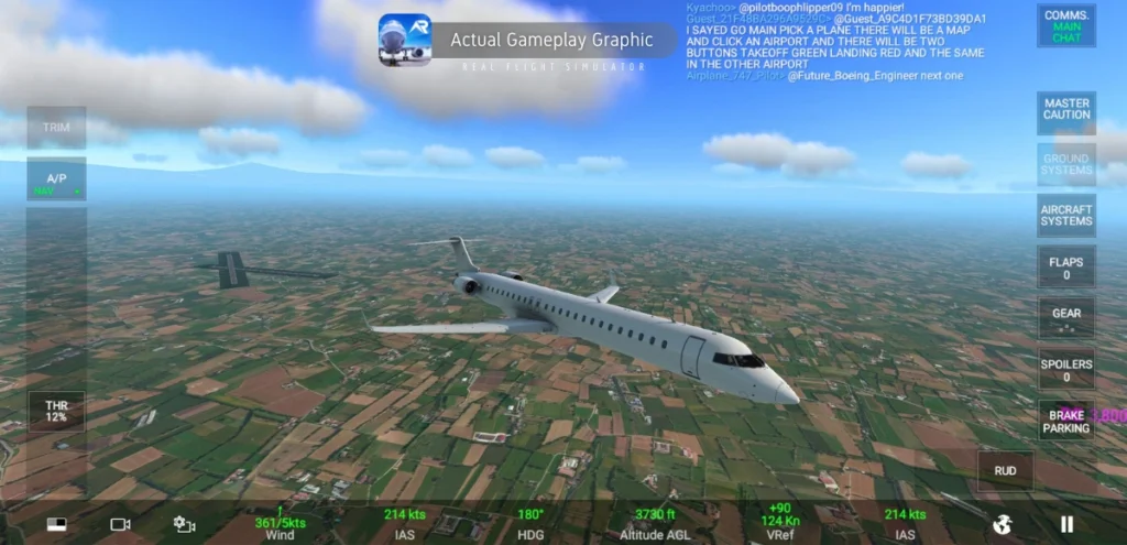 A mobile game screenshot from "Real Flight Simulator." A Bombardier CRJ900, a regional jet aircraft, is shown in flight from a slightly elevated perspective. The plane is white with gray and red accents. Below the plane is a landscape with patches of green fields, brown earth, and scattered buildings. Another aircraft, a dark silhouette, is visible in the distance to the left. The game's user interface is prominent. In the upper left corner is a chat window with several lines of text. On the right side of the screen are vertical lists of system indicators, including "MASTER CAUTION," "GROUND SYSTEMS," "AIRCRAFT SYSTEMS," "FLAPS 0," "GEAR," "SPOILERS 0," "BRAKE PARKING," and "RUD." At the bottom of the screen are various flight data readouts, including "361/5 kts Wind," "214 kts IAS," "180 HDG," "3730 ft Altitude AGL," "+90 124 Kn VRef," and others. In the top center of the screen is a banner that reads "Actual Gameplay Graphic Real Flight Simulator."