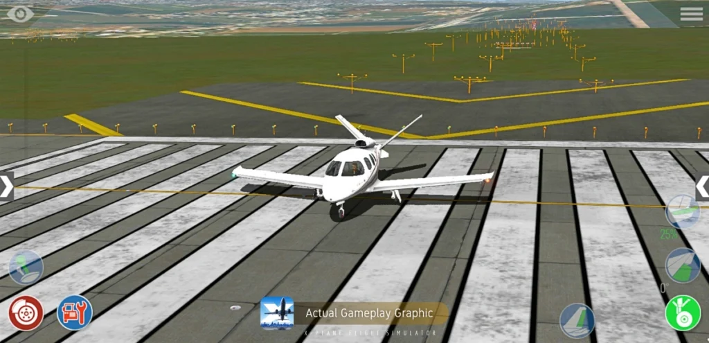 Gameplay screenshot from the Android flight simulator "X-Plane," showing a small white jet parked on a runway and being ready for take-off. Visible UI elements include control icons for camera, GPS, engine, wings, tires, and ground services. The game's logo, "Actual Gameplay Graphic," is at the bottom center.  Runway and blurred landscape in the background.