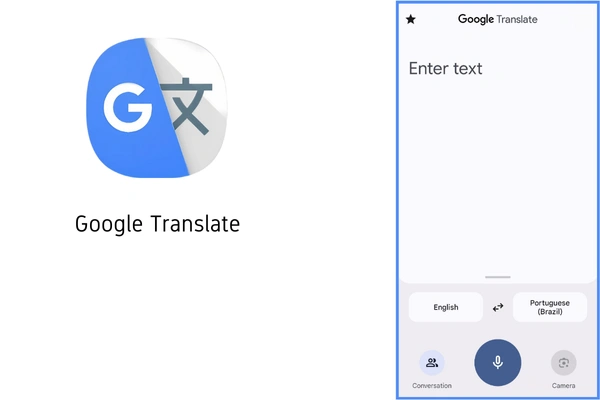 a screenshot of a mobile app interface for a language translator where a blue square logo with a stylized "G" and Chinese character, accompanied by "Google Translate" text; and a mobile app interface mockup in a light gray rounded rectangle, showing "Enter text" field, language selection buttons (English and Portuguese (Brazil)), a language swap icon, and buttons for Conversation and Camera.