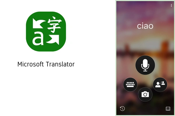 A split image. On the left is the Microsoft Translator logo: a green square with rounded corners containing a white speech bubble with stylized text and the word "a." Below the logo is the text "Microsoft Translator." On the right is a mockup of a mobile app interface within a light gray rounded rectangle, resembling a phone screen. The interface displays the Italian word "ciao" (hello) in a large font. Below the text are four circular icons: a microphone (voice input), a keyboard (text input), a camera (image translation), and a people icon (conversation mode). The background of the app interface is a blurred image with a purple and orange gradient.