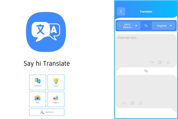 Two distinct elements: a blue square logo with a speech bubble and "文A" representing translation, accompanied by the online chat translator "Say hi Translate" text and six feature icons; and a mobile app interface mockup within a light blue rounded rectangle, showing "Auto Detect" and "English" dropdowns, text input and output boxes, and input/sharing icons.