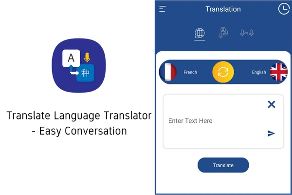 A mobile phone screen displays an online chat translator app. The app has a clean, user-friendly interface with a blue and white color scheme. At the top is a blue banner with the app's title, "Translate Language Translator - Easy Conversation," and a small icon of a speech bubble with lines indicating translation. Below the banner are icons for various translation features: a globe for language selection, a microphone for voice input, and a speech bubble with sound waves for output.