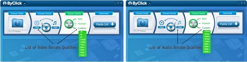 List of Video and Audio Bitrate Qualities available in Software tool to Download Playlists from YT Music to Computer